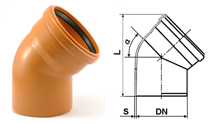 Коліно 250 мм, 45°, ПВХ, PESTAN